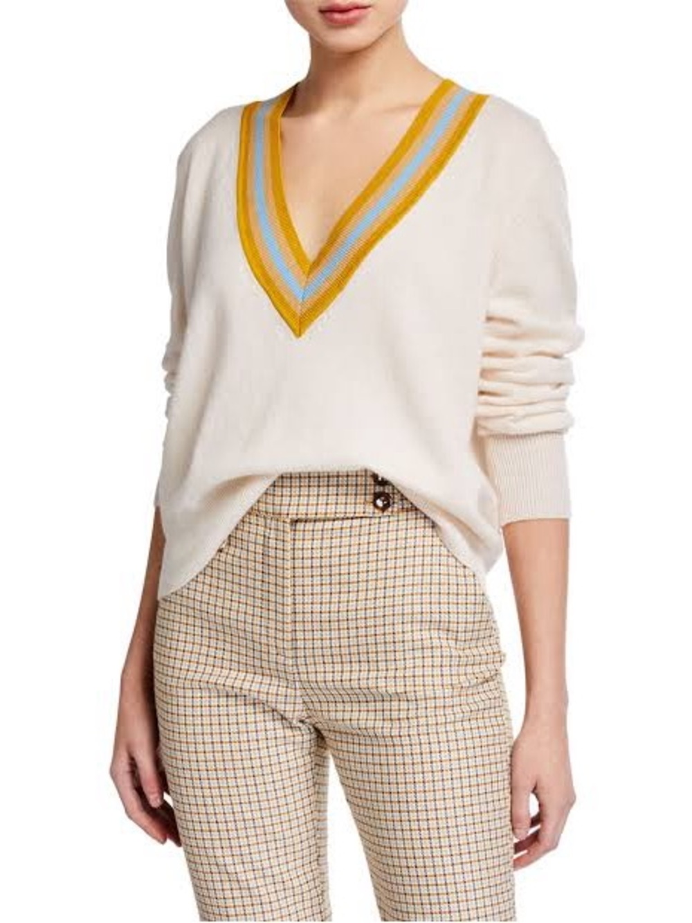 Veronica Beard Cream V-Neck Sweater with Yellow and Light Blue Trim